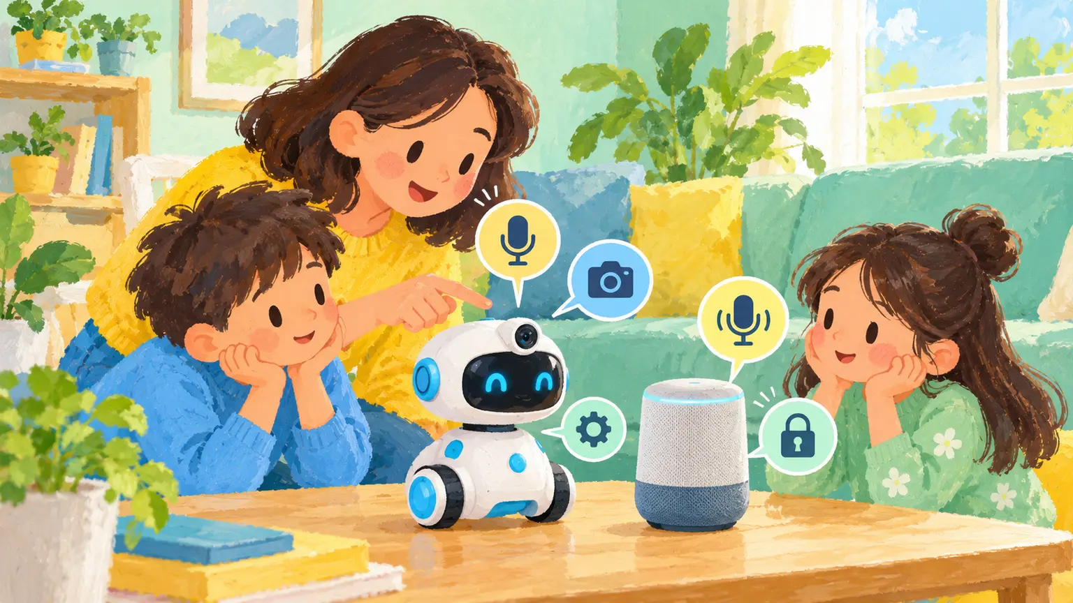 Parent and children checking the privacy controls on a connected toy and speaker
