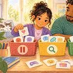 Child and caregiver sorting suspicious-message examples by the safest response