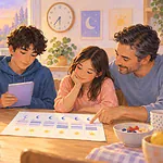 Family reviewing a one-week sleep pattern log together while a teen holds a private notebook
