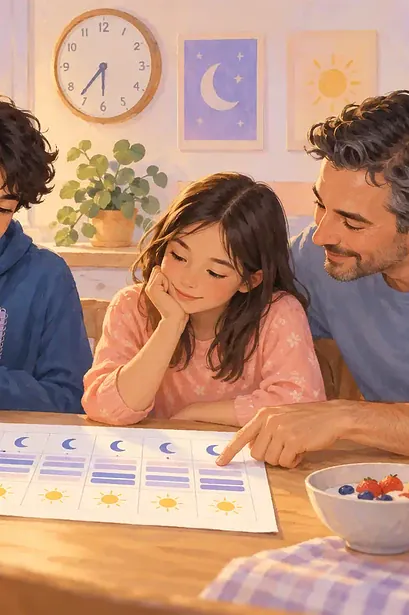 Family reviewing a one-week sleep pattern log together while a teen holds a private notebook