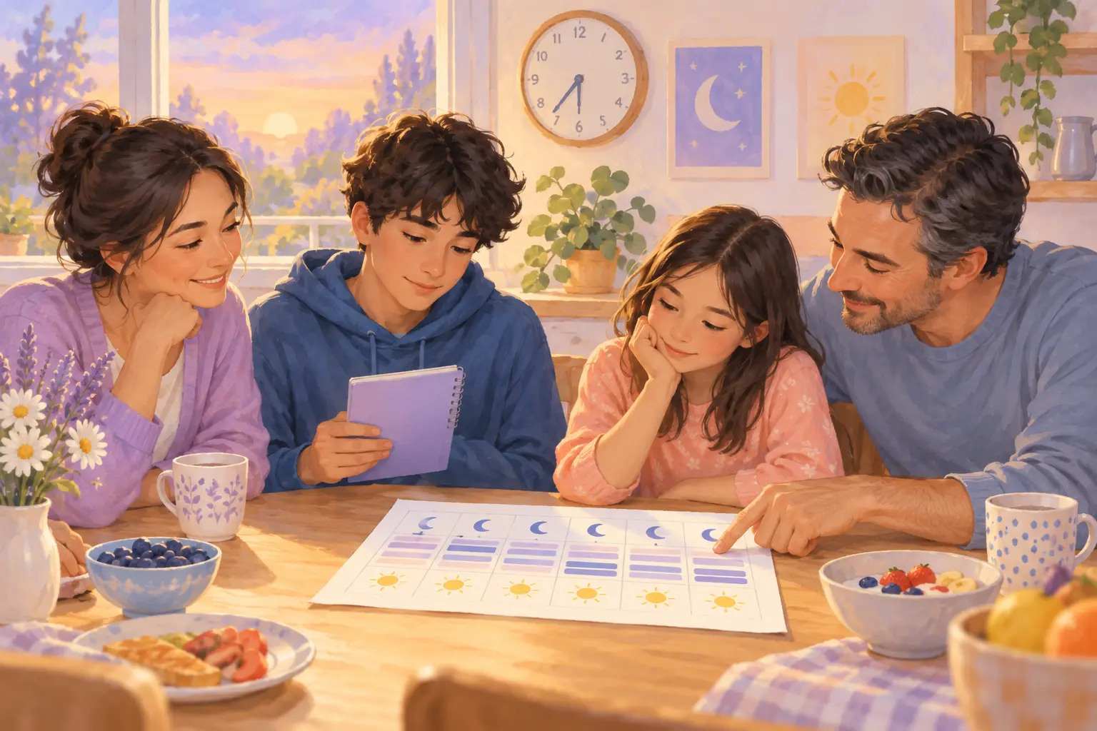 Family reviewing a one-week sleep pattern log together while a teen holds a private notebook