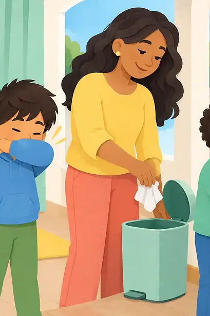 Caregiver and children rehearsing tissue, elbow, bin and handwashing steps