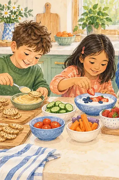 Adult and children assembling balanced everyday snack pairs from familiar foods
