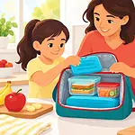 Caregiver and child packing an insulated school lunch bag with two cold packs