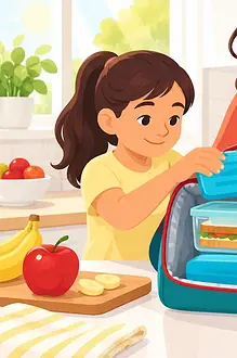 Caregiver and child packing an insulated school lunch bag with two cold packs