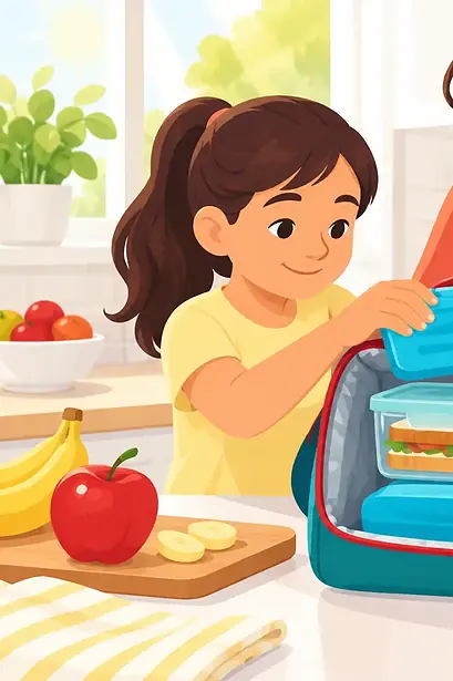 Caregiver and child packing an insulated school lunch bag with two cold packs