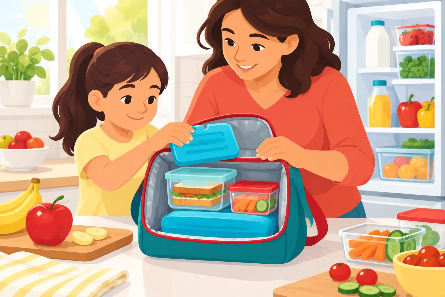 Caregiver and child packing an insulated school lunch bag with two cold packs