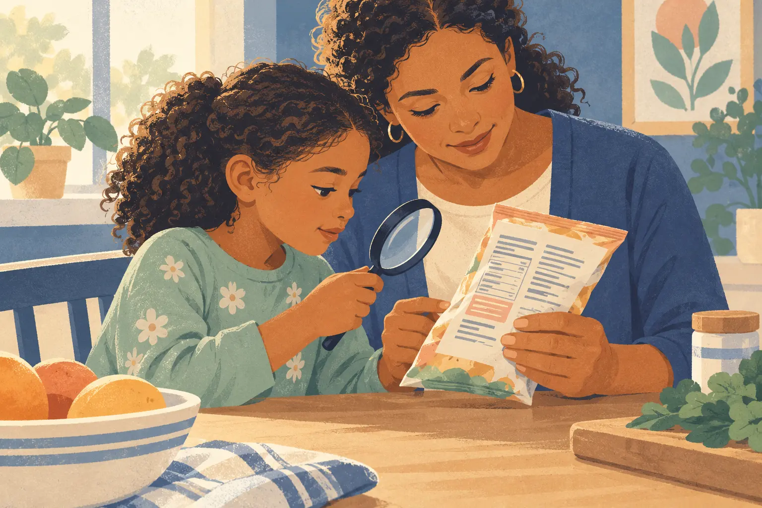Caregiver and child examining allergen information on a sealed food package