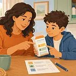 Adult and older child studying sections of an empty over-the-counter medicine carton