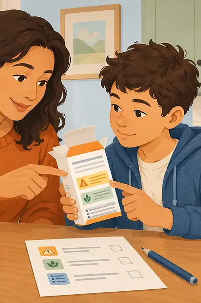 Adult and older child studying sections of an empty over-the-counter medicine carton