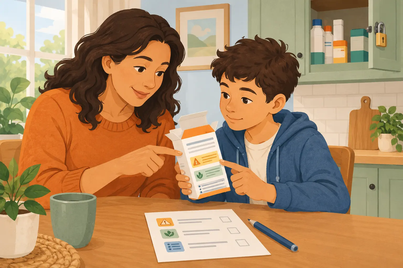 Adult and older child studying sections of an empty over-the-counter medicine carton