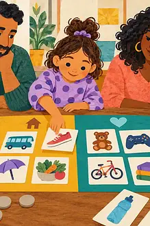 Family sorting illustrated needs-and-wants cards while discussing changing contexts