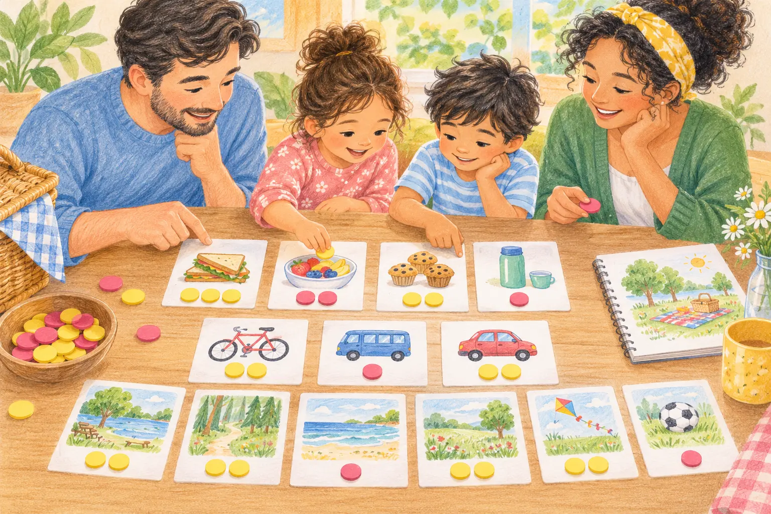 Family revising a pretend picnic plan to fit a fixed token budget