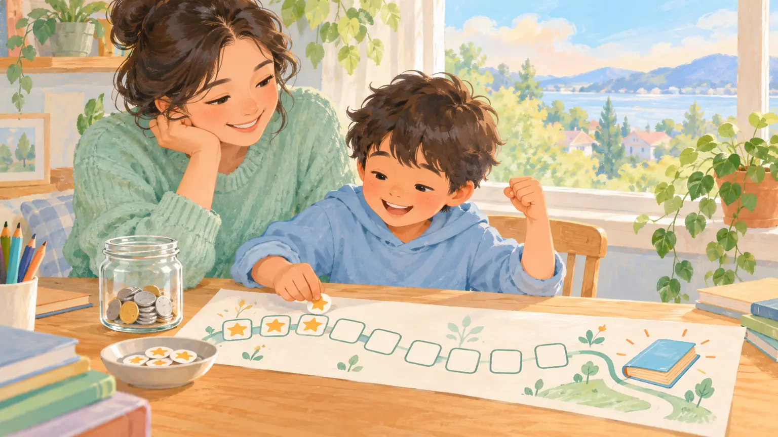 Child and caregiver turning a savings goal into a visible step-by-step plan