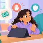 Child pausing a suspicious money request and showing it to a trusted adult