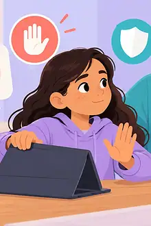 Child pausing a suspicious money request and showing it to a trusted adult