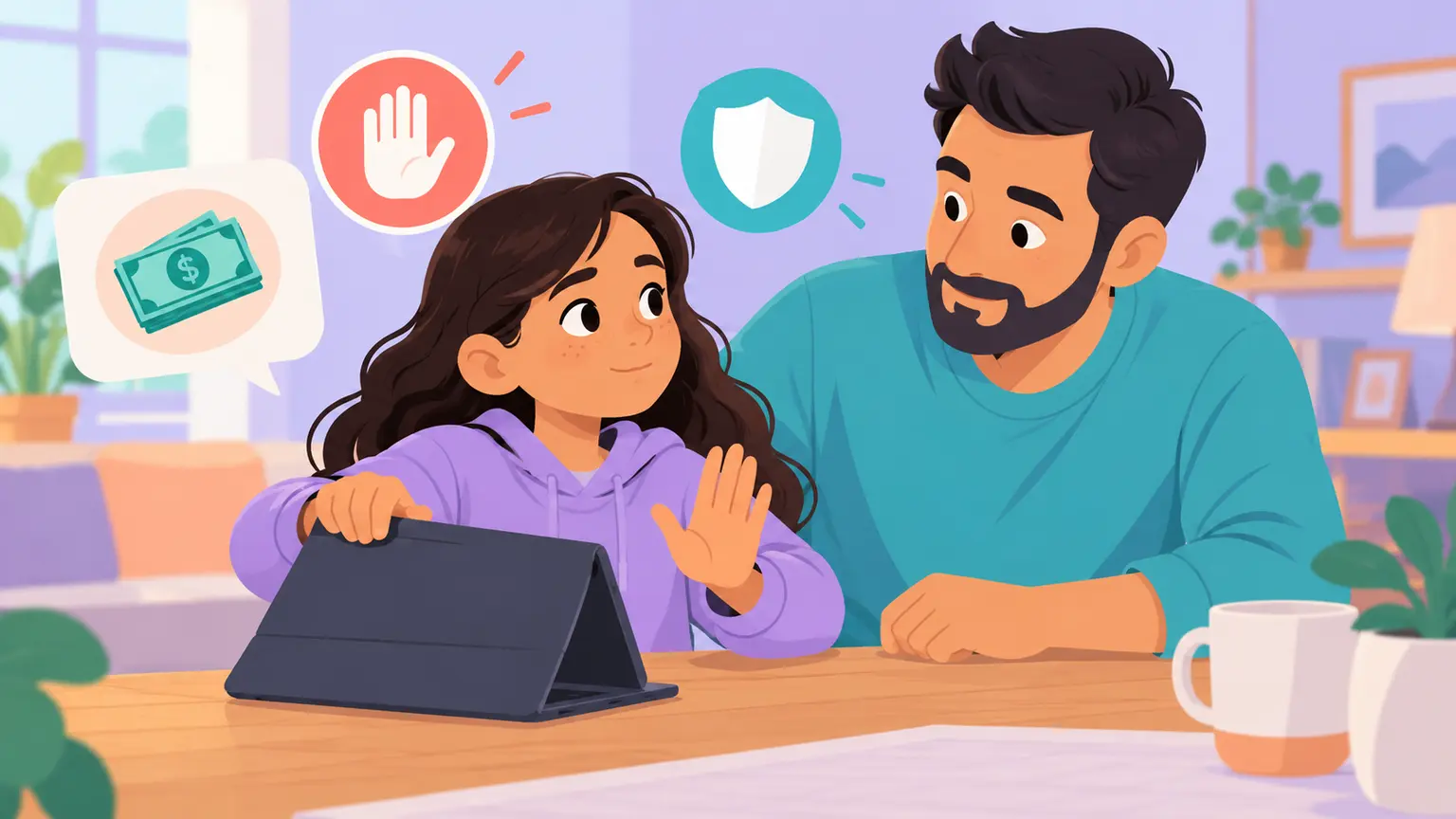 Child pausing a suspicious money request and showing it to a trusted adult