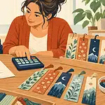 Teen and caregiver calculating costs for a fictional batch of handmade bookmarks