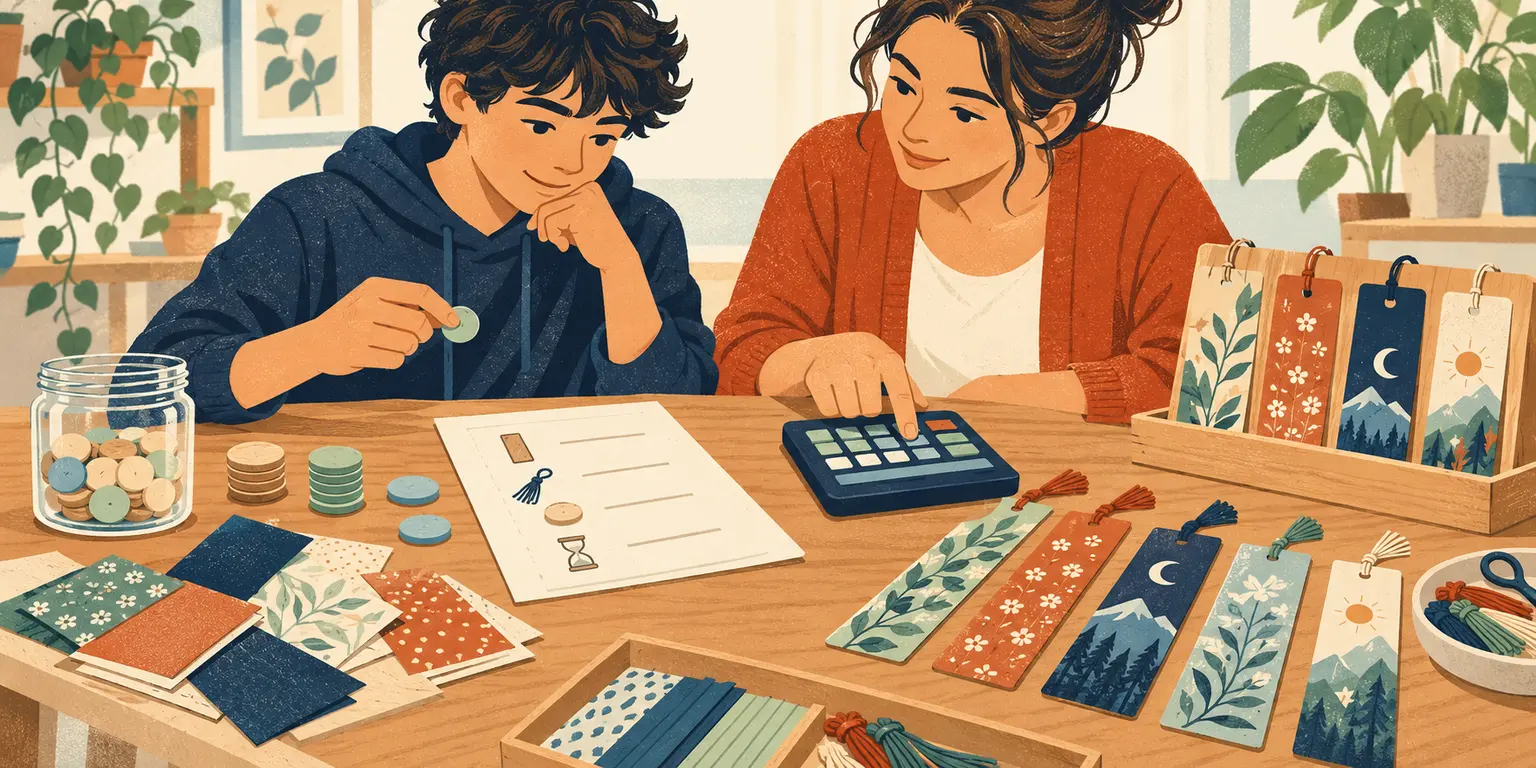Teen and caregiver calculating costs for a fictional batch of handmade bookmarks