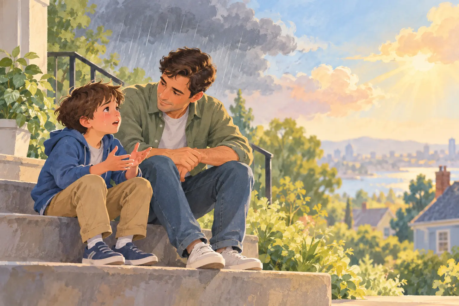 A father listens as his young son talks openly about feeling sad