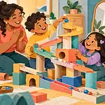 A caregiver praises two children for effort and teamwork during a craft