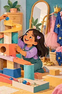 A caregiver praises two children for effort and teamwork during a craft