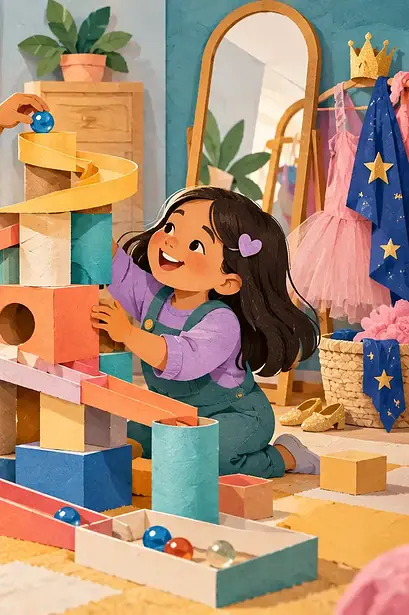 A caregiver praises two children for effort and teamwork during a craft