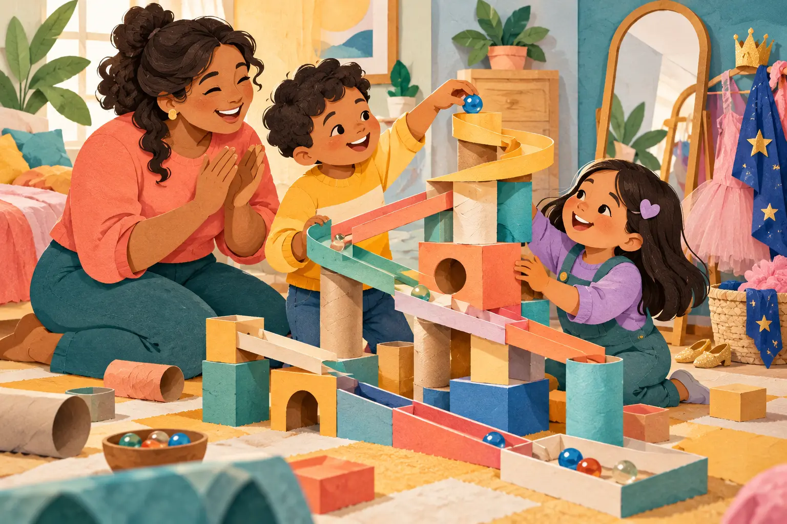 A caregiver praises two children for effort and teamwork during a craft