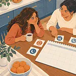 A family discusses fair rules together around a kitchen table