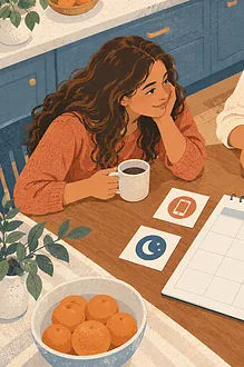 A family discusses fair rules together around a kitchen table