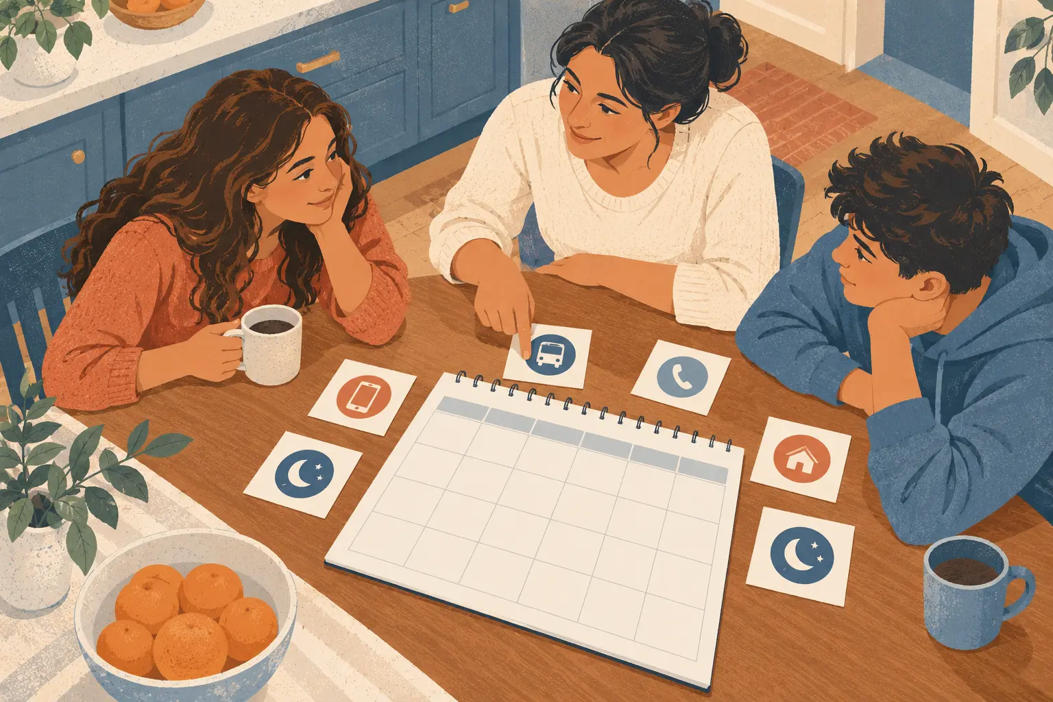 A family discusses fair rules together around a kitchen table