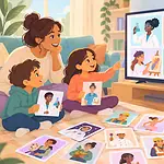 A caregiver and children notice stereotypes while watching a screen together