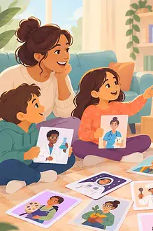 A caregiver and children notice stereotypes while watching a screen together