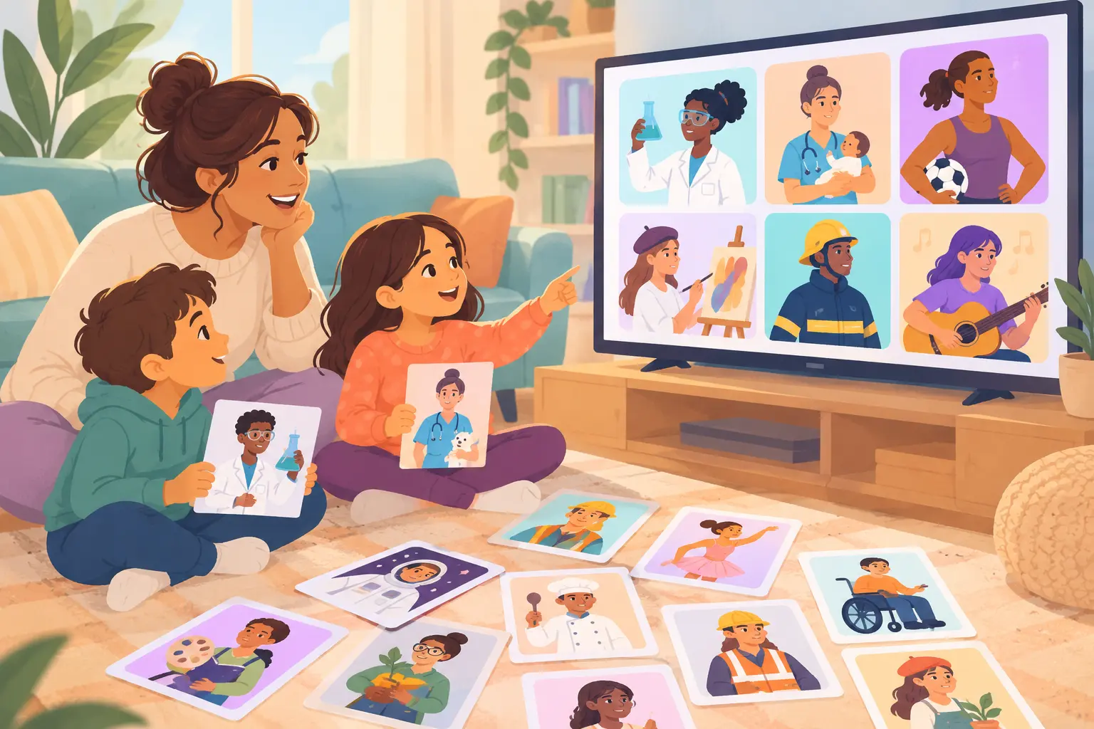 A caregiver and children notice stereotypes while watching a screen together