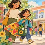 A caregiver supports a child wearing expressive clothes after teasing
