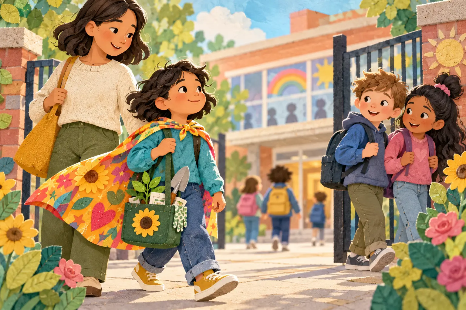 A caregiver supports a child wearing expressive clothes after teasing