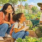 A child interviews a community gardener as an everyday role model