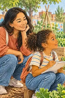 A child interviews a community gardener as an everyday role model
