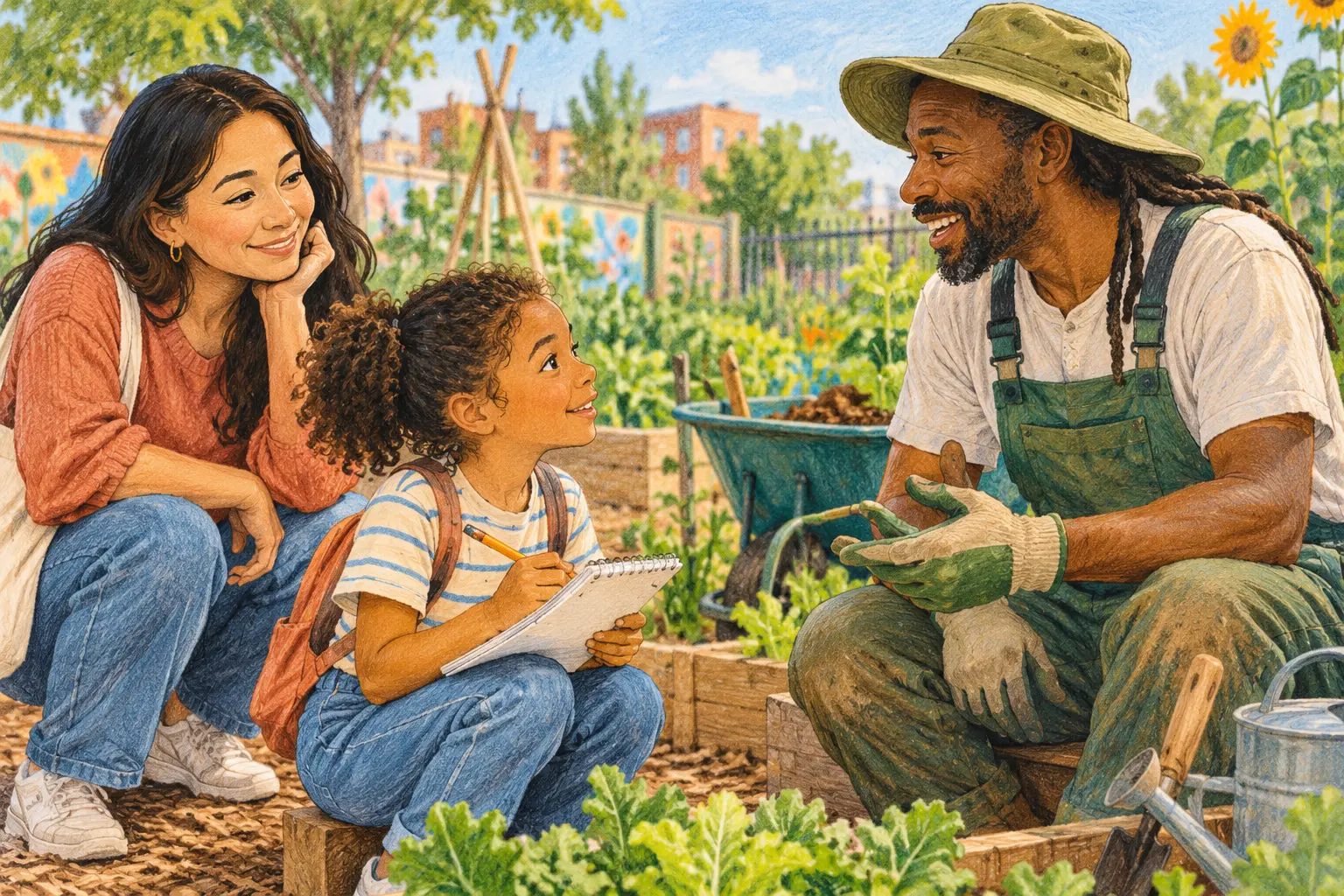 A child interviews a community gardener as an everyday role model