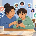 A parent and preteen set group chat rules together on a phone
