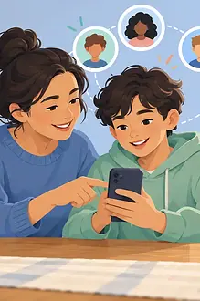 A parent and preteen set group chat rules together on a phone