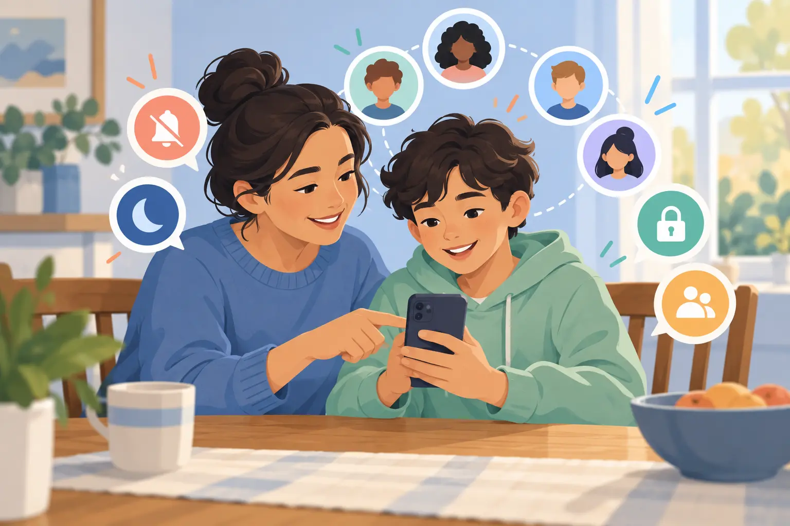 A parent and preteen set group chat rules together on a phone