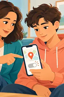 A family reviews location and app permissions on a phone