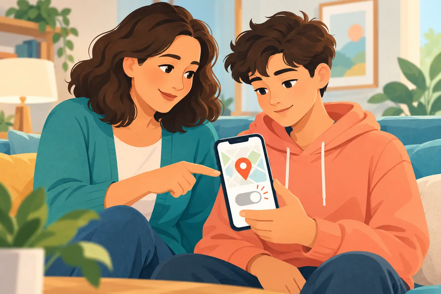 A family reviews location and app permissions on a phone