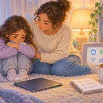 A parent calmly comforts a child after upsetting online content