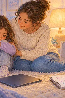 A parent calmly comforts a child after upsetting online content