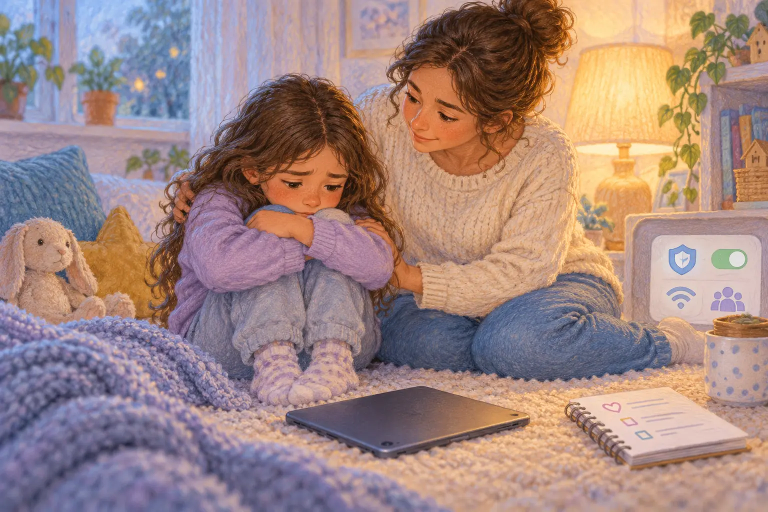 A parent calmly comforts a child after upsetting online content