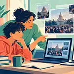 A parent and teenager examine an online image before sharing it
