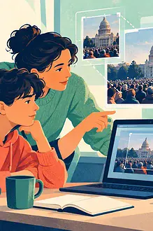 A parent and teenager examine an online image before sharing it