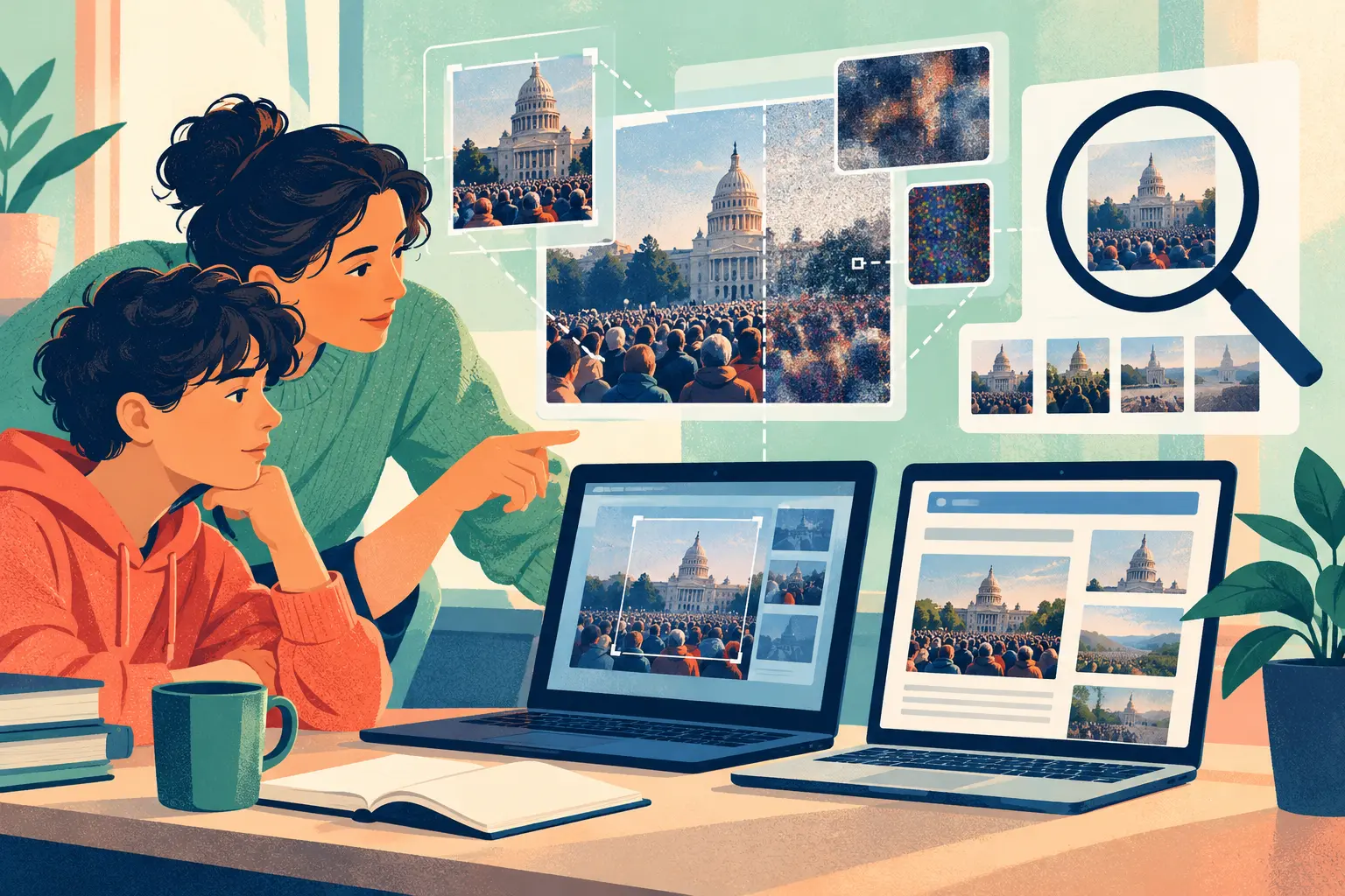 A parent and teenager examine an online image before sharing it